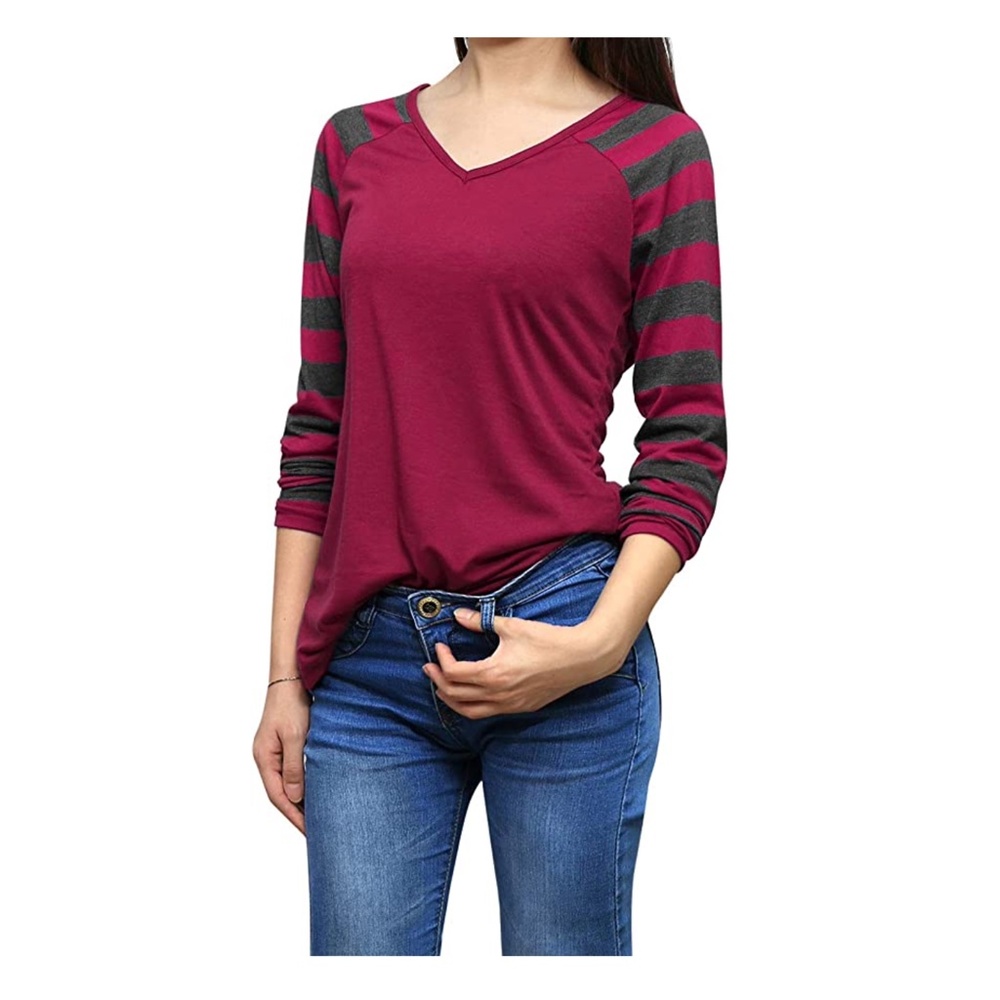 Allegra K Striped V Neck Baseball Tee Fuchsia Pink Grey Long Sleeve Top Size M